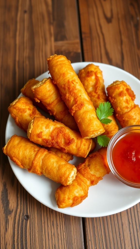 A plate of crispy fried pig intestines served with dipping sauce and garnished with herbs.